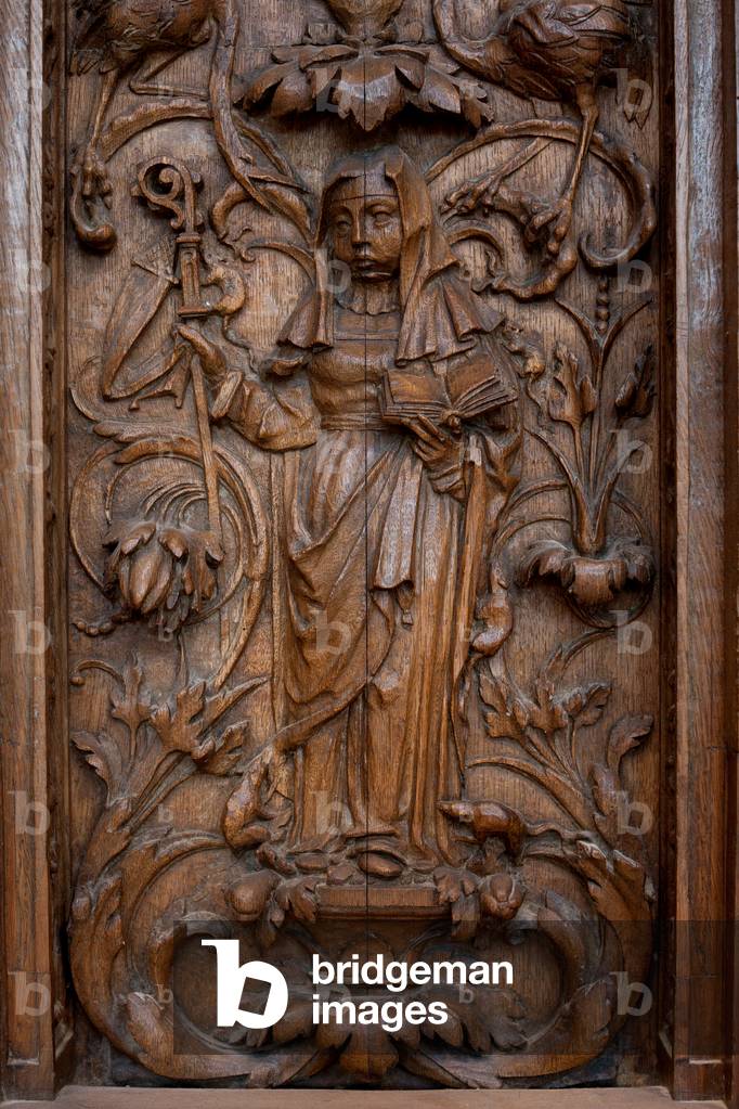 Collegiate church. Interior. Pulpit. Laurent Delvaux (1696-1778). Marble and wood. Baroque. Detail. Bas-relief in wood.
