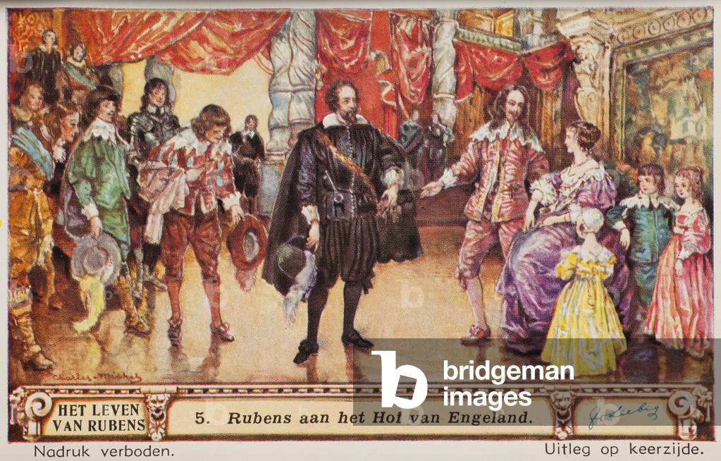 Liebig Chromos. Trade card. Series 1421, The life of Rubens, no 5, Rubens as an ambassador in England. 1940.