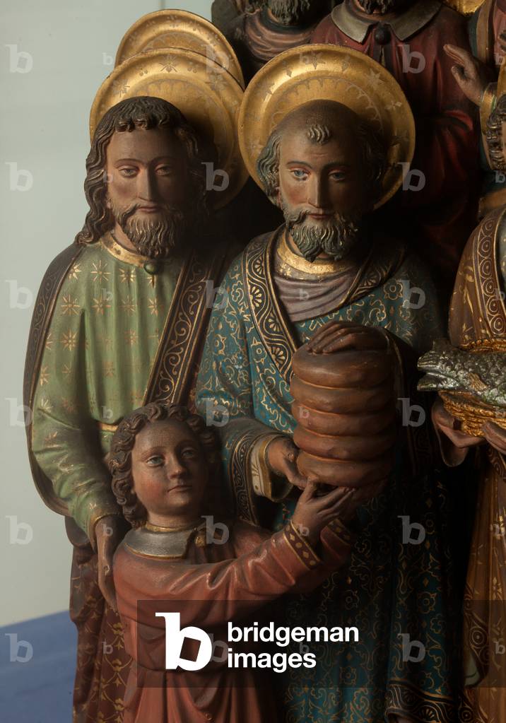 Town hall. MOU Museum Oudenaarde. Altarpiece. Polychromed plastre. Detail.