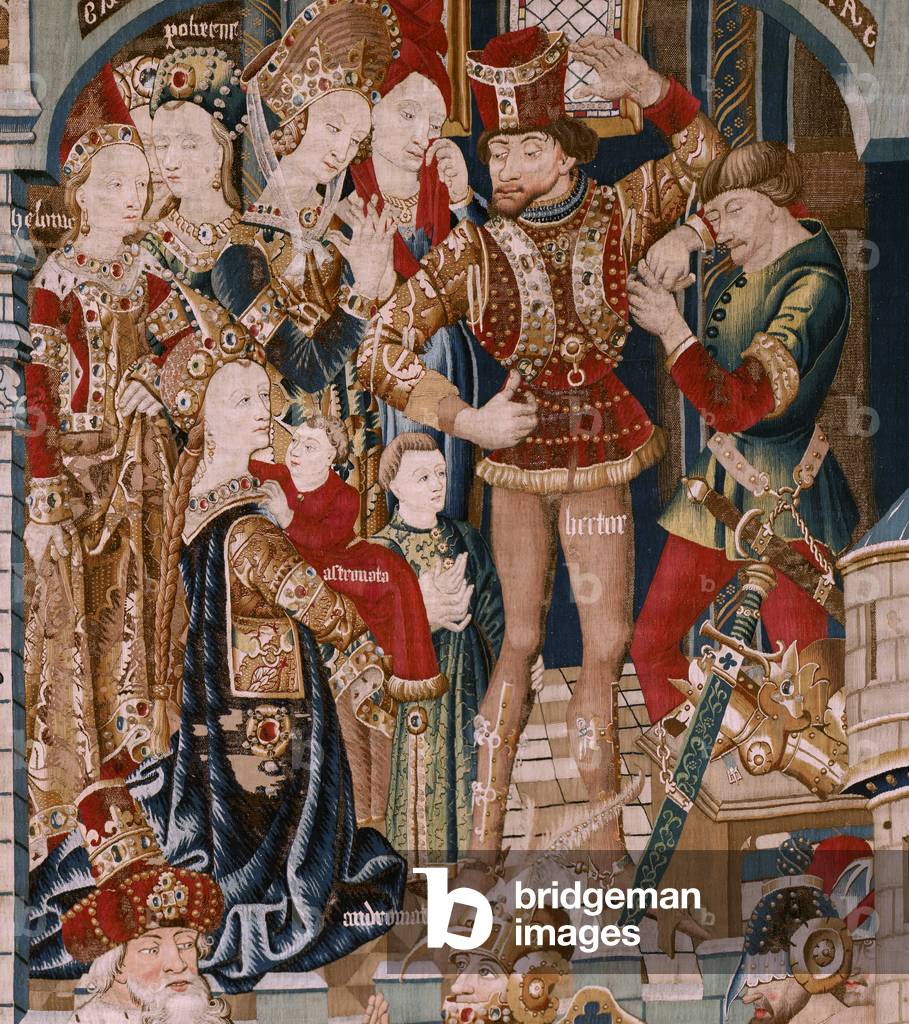 Flemish tapestry. Series The Trojan War. Achilles’ Tent (La Tienda de Aquiles). Sixth tapestry in the series. Model Coëtivy Master (Henry or Conrard de Vulcop). Manufacture Tournai workshops. Ca 1470. Fabric Wool and silk, 6/7 warps per cm. Size 467 x 690 cm. Location Cathedral of Zamora, Cathedral Museum). Origin A donation of Count Alba de Aliste, it arrived at the cathedral in 1608. Exhibition It is currently exhibited in the Museum’s facilities next to the cathedral.