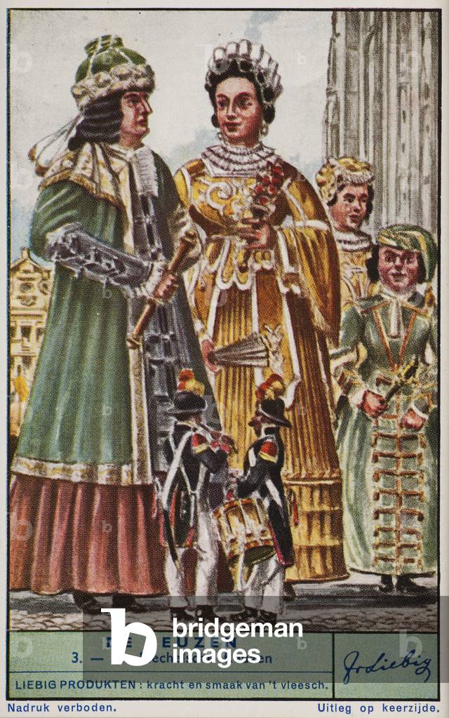 Liebig Chromos. Trade card. Series 1416, legendary Belgian giants, no 3, the giants of Mechelen. 1940.