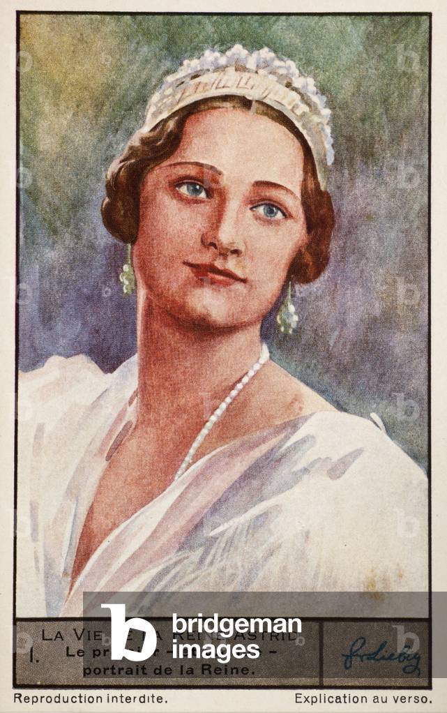 Liebig Chromos. Trade card. Series 1346A, The life of Queen Astrid of Belgium. 1936.