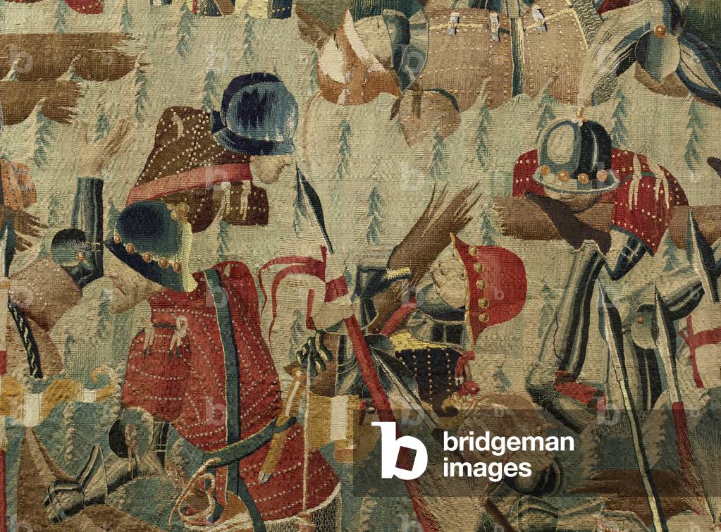 Tapestry showing the Conquests of king Alfonso V of Portugal (Conquistas de Alfonso V de Portugal), Tournai. Detail. (Wool and silk)