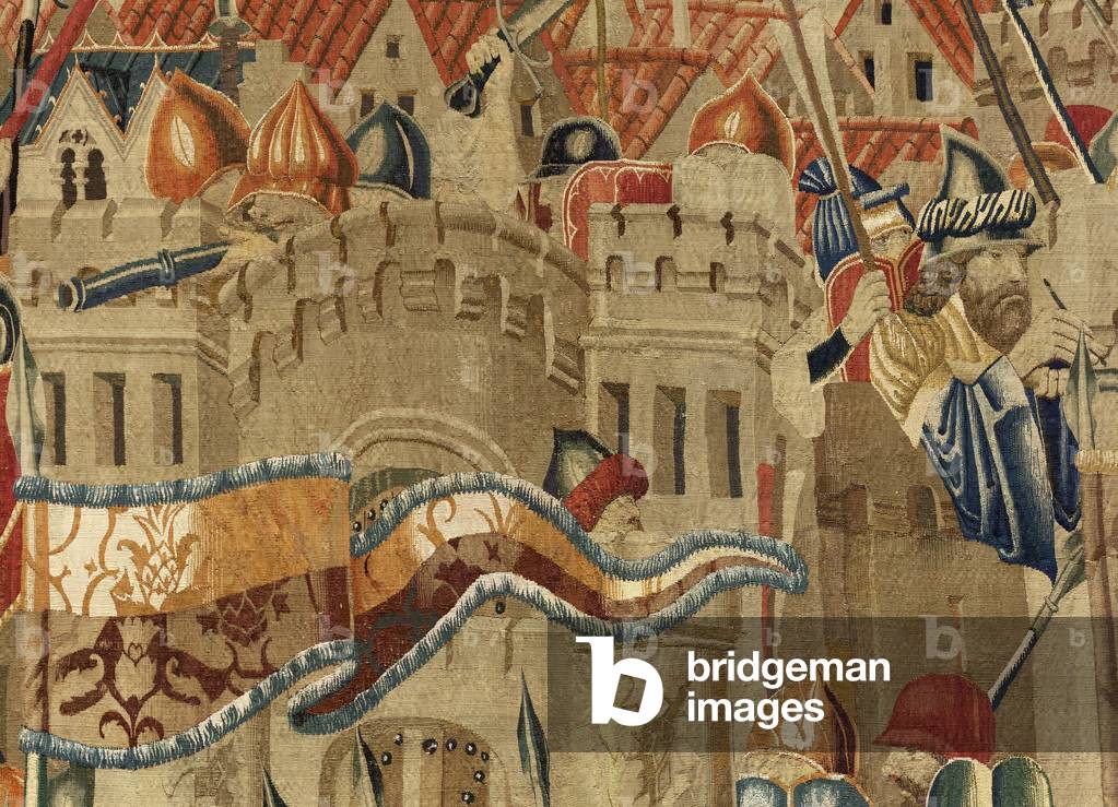 Tapestry showing the Conquests of king Alfonso V of Portugal (Conquistas de Alfonso V de Portugal), Tournai. Detail. (Wool and silk)