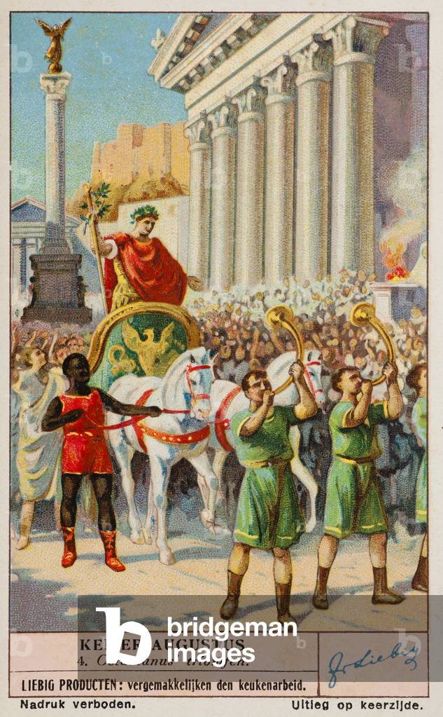 Liebig Chromos. Trade card. Series 1391, the Emperor Augustus, no 4, Octavianus' triumph.1939.