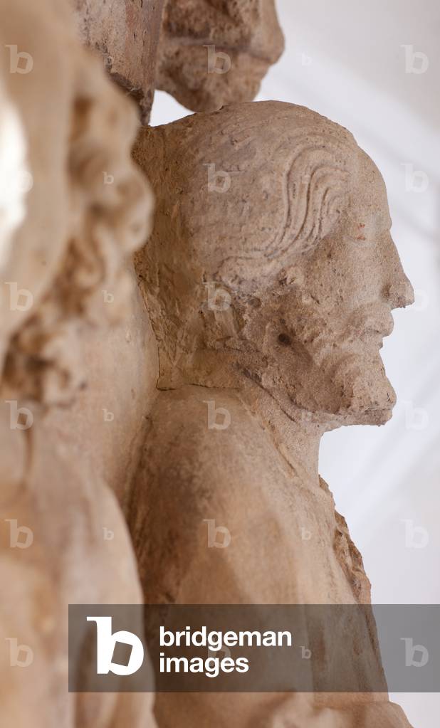 Museum Museu Comarcal de l'Urgell. A wayside cross Creu de terme. Sculpture. White stone. Originally of the church Carme de Tàrrega. Detail. 122x110x38,5cm. Museum ref MCUT 4417. 1424 - 1436.