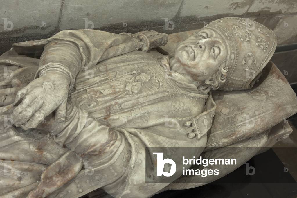 Cathedral. Former abbey church (Abbaye Saint-Vaast). Interior. Tomb of a bishop. Detail. Bust of the tomb effigy.