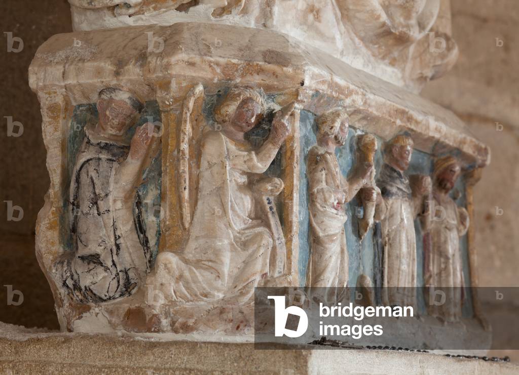 Parish church (Església Santa Maria del Castell de Cubells). Interior. Statue. Madonna with Child. Detail the socle. Romanesque.