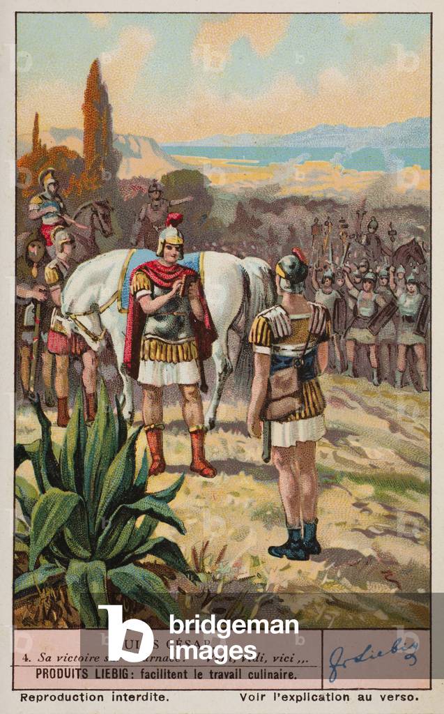 Liebig Chromos. Trade card.Series 1378, Julius Caesar, no 4, Caesar's victory over Pharnaces, in Anatolia. 1938.