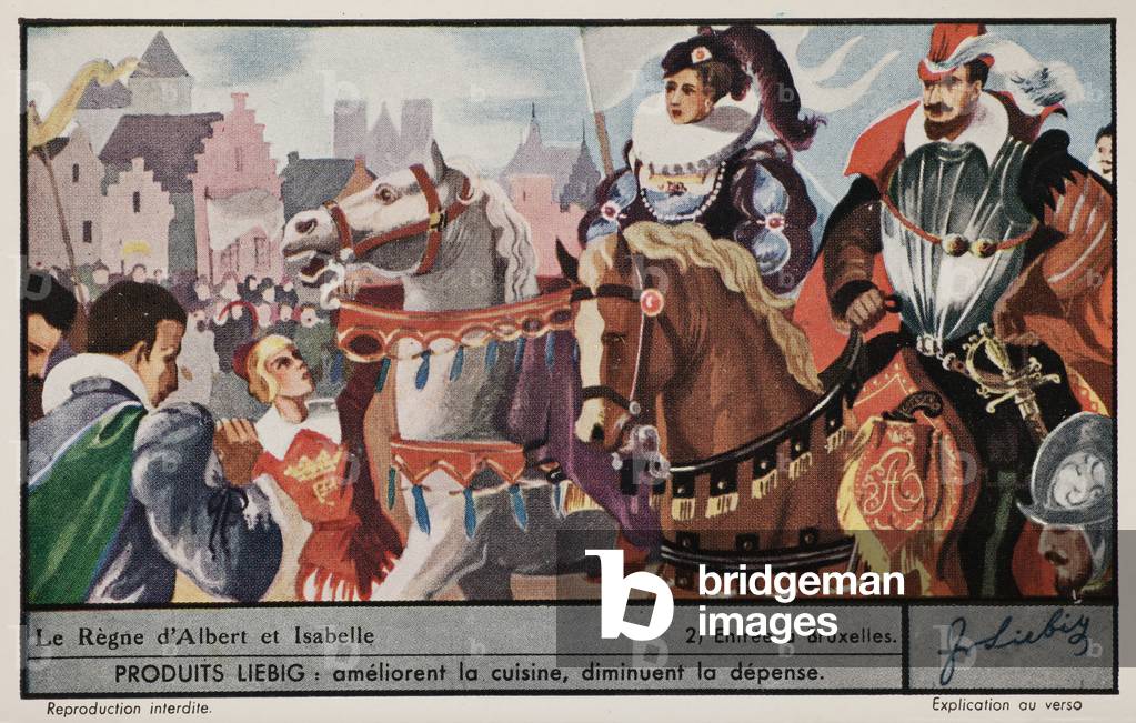Liebig Chromos. Trade card. Series 1363, The reighn of Albert and Isabel, no 2, entry at Brussels. 1937. Private collection. 7,1 x 11cm.