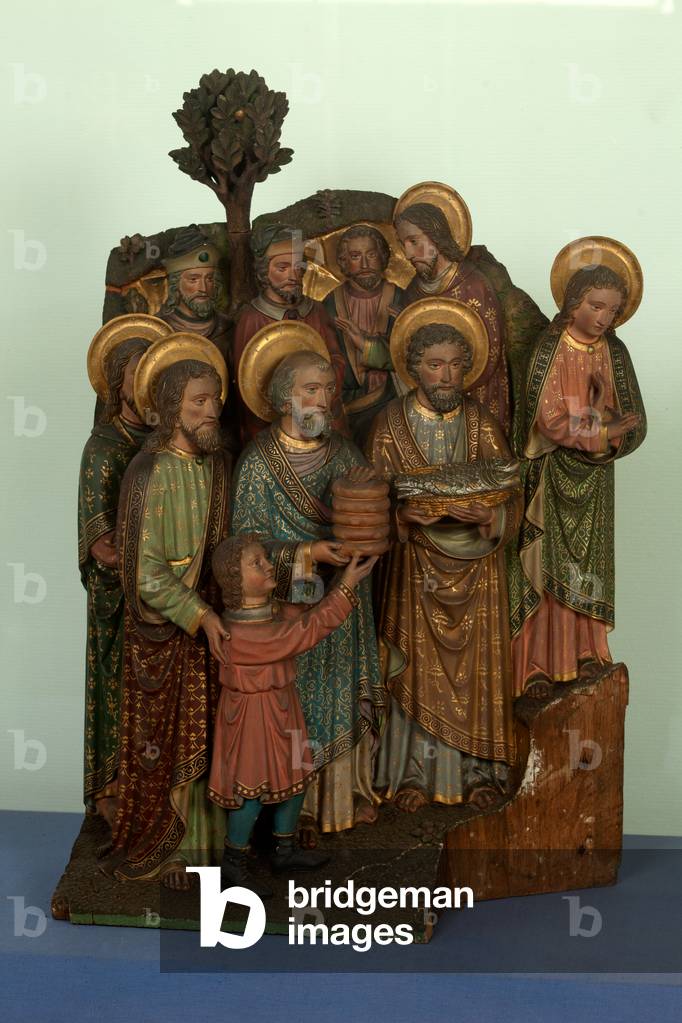 Town hall. MOU Museum Oudenaarde. Altarpiece. Detail: Feeding the multitude (De brodenvermenigvuldiging. Polychromed plastre.