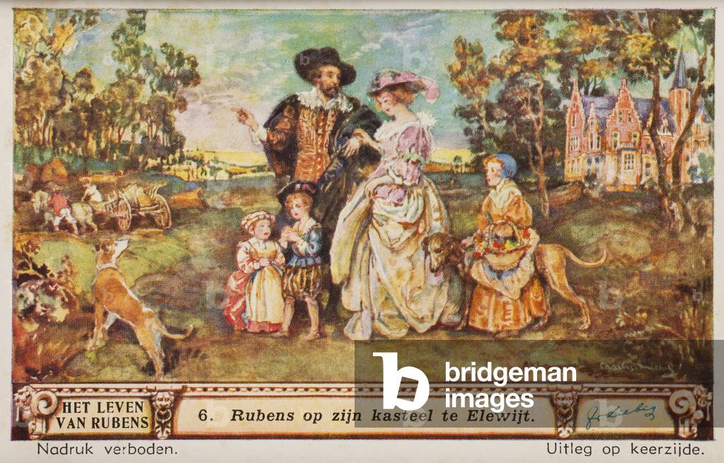 Liebig Chromos. Trade card. Series 1421, The life of Rubens, no 6, Rubens at his palace at Elewijt. 1940.