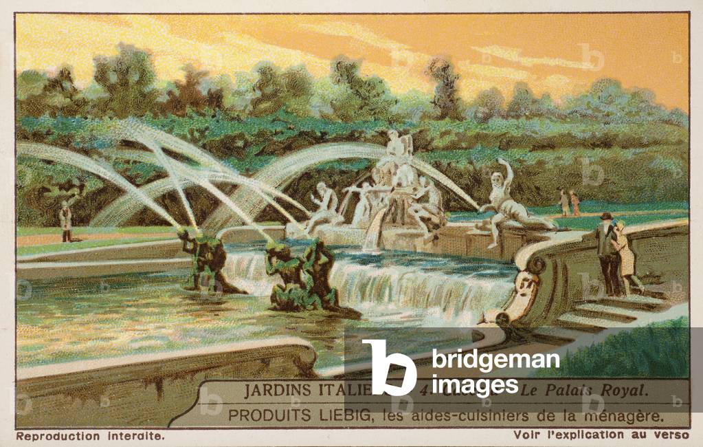 Liebig Chromos. Trade card. Series 1240, Italian gardens, no 4, the royal palace at Caserta. 1936 (lithograph)