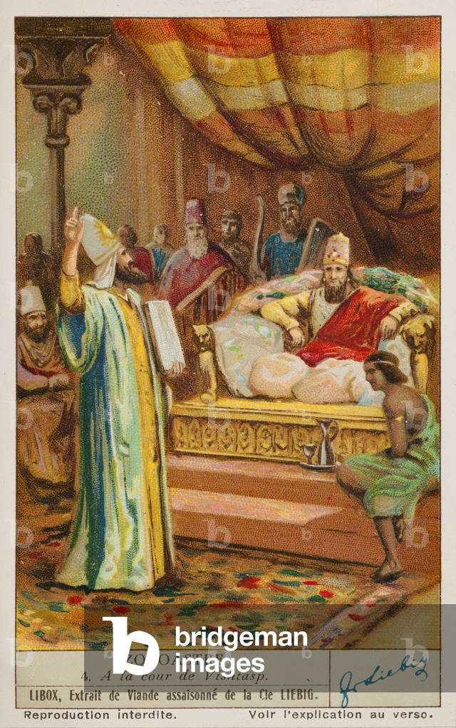 Liebig Chromos. Trade card. Series 1347, Zarathustra (Zoroastre), no 4, at the Vishtasp court. 1936.
