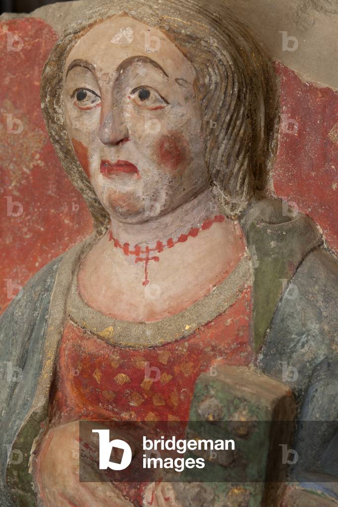 Altarpiece. polychrome stone. Second half 14th century. Origin former parish church of Torre de Rialb. Detail. Mid register. Central panel. Saint Victoria.