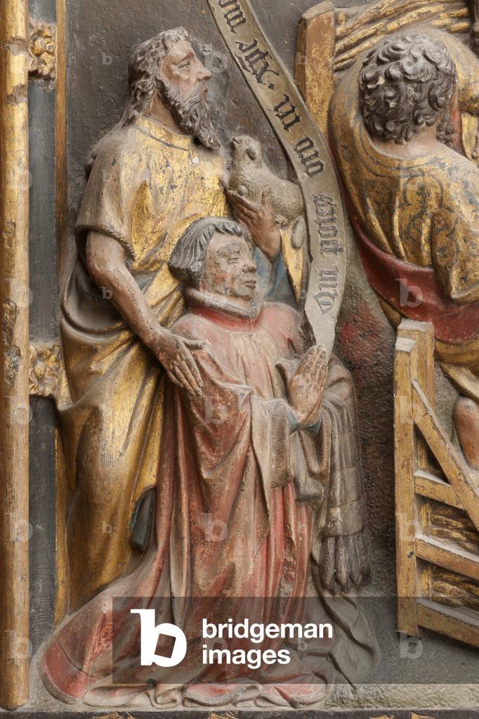 Votive monument of canon Jean de la Wastine, south ambulatory, Cathédrale Notre-Dame, Tournai, Hainaut, Belgium, c.1431 (wood)
