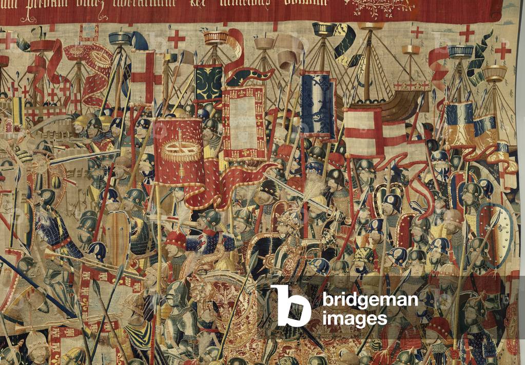 Tapestry showing the Conquests of king Alfonso V of Portugal (Conquistas de Alfonso V de Portugal), Tournai. Detail. (Wool and silk)