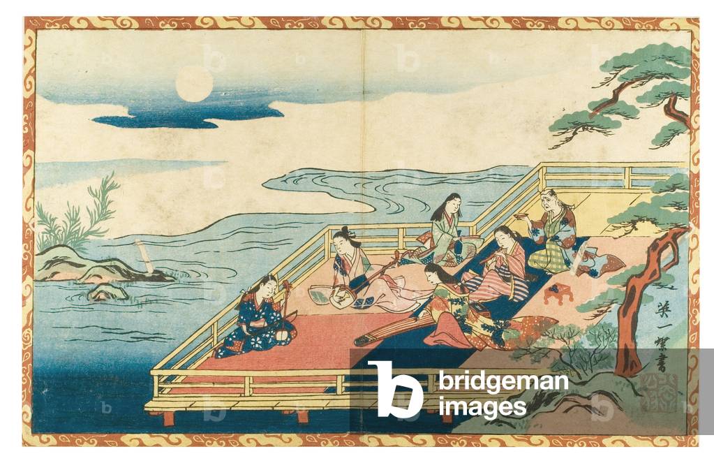 Women playing music under a full moon by river, c.1830-1839 (woodblock print on paper)