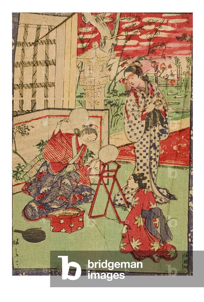 A woman crouches before a mirror on a stand and admires the back of her hair style with a second mirror, c.1885-1895 (woodblock on paper)