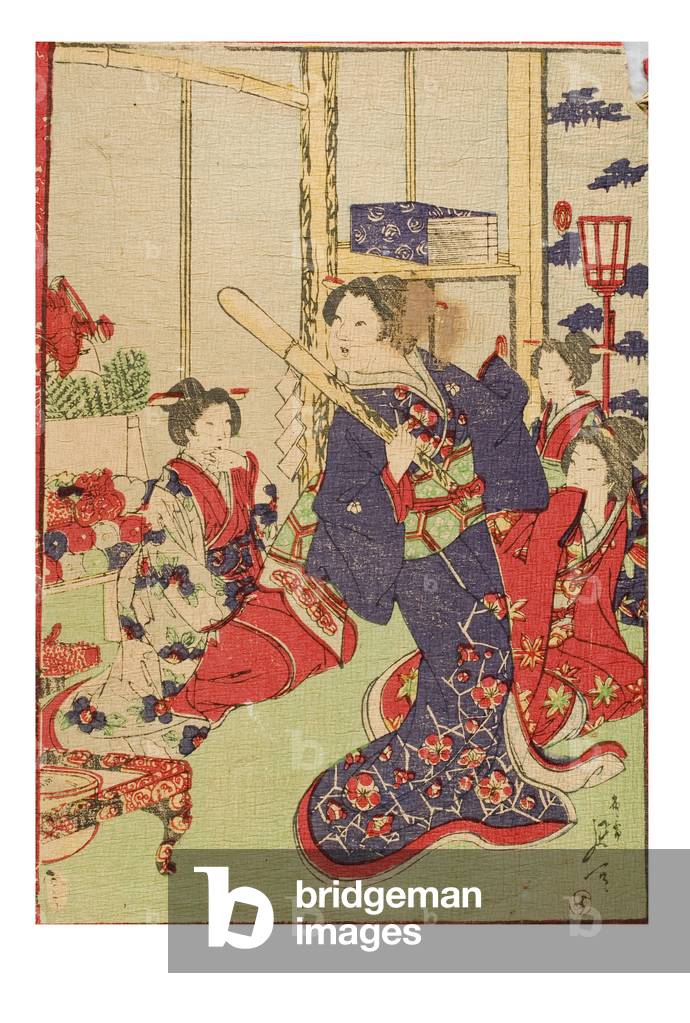 A woman dressed in a purple kimono holds a wooden baton with Shinto paper streamers attached, c.1885-1895 (woodblock on paper)