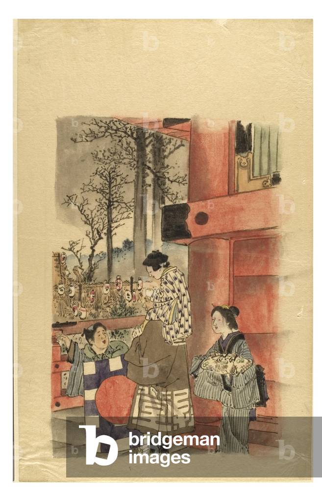 Family attending shrine for the Shichi-go-san festival, c.1895-1905 (ink on paper)