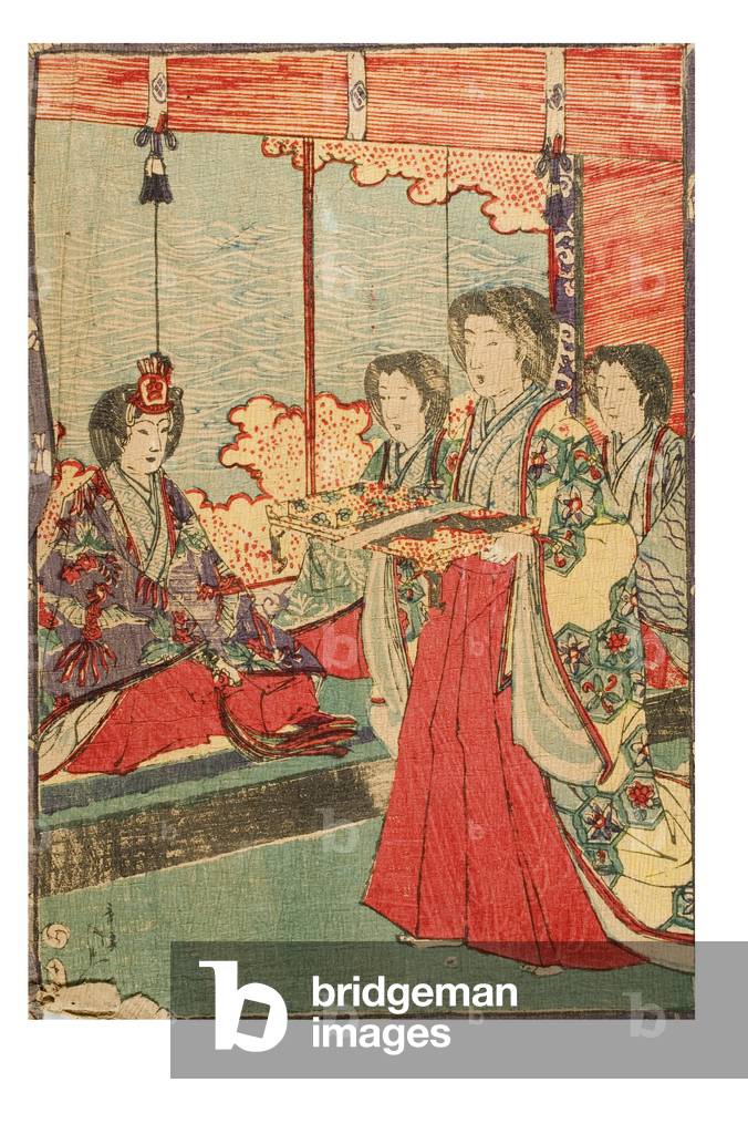 Woman presenting writing tray to Empress, c.1885-1895 (woodblock on paper)