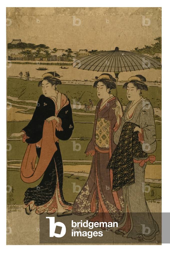 Three women walking by river, 19th century (woodblock print on paper)