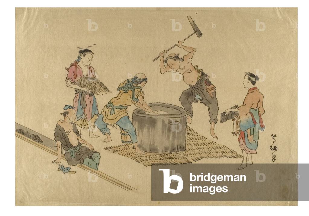 Mochi Tsuki. Men pounding rice in a tub to make mochi, c.1895-1905 (ink on paper)