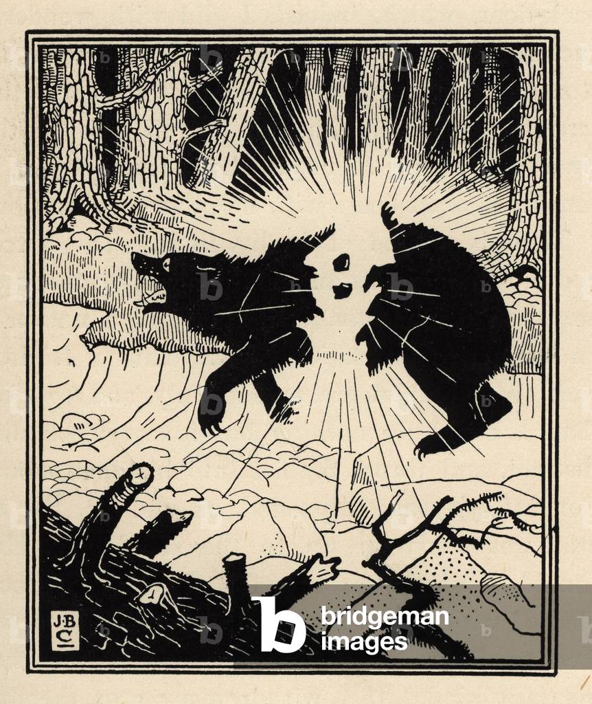 Der Baron detoniert einen Schwarzbären mit zwei Feuerstein. Illustration von William Strang (1859-1921) und JB