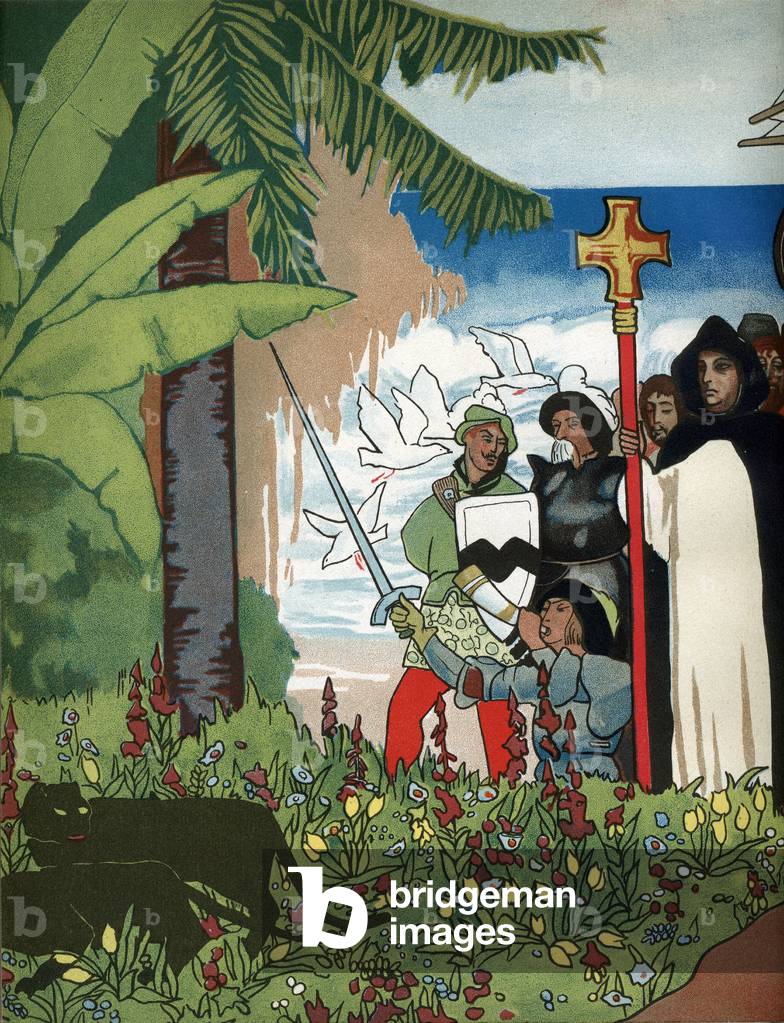 representation of navigators (16th century) arriving on unknown lands, and planting the flag Illustration taken from “Il grandi navigatori italiani””” by Giuseppe Fanciulli illustrated by Beryl Hight Tumiati, 1931.