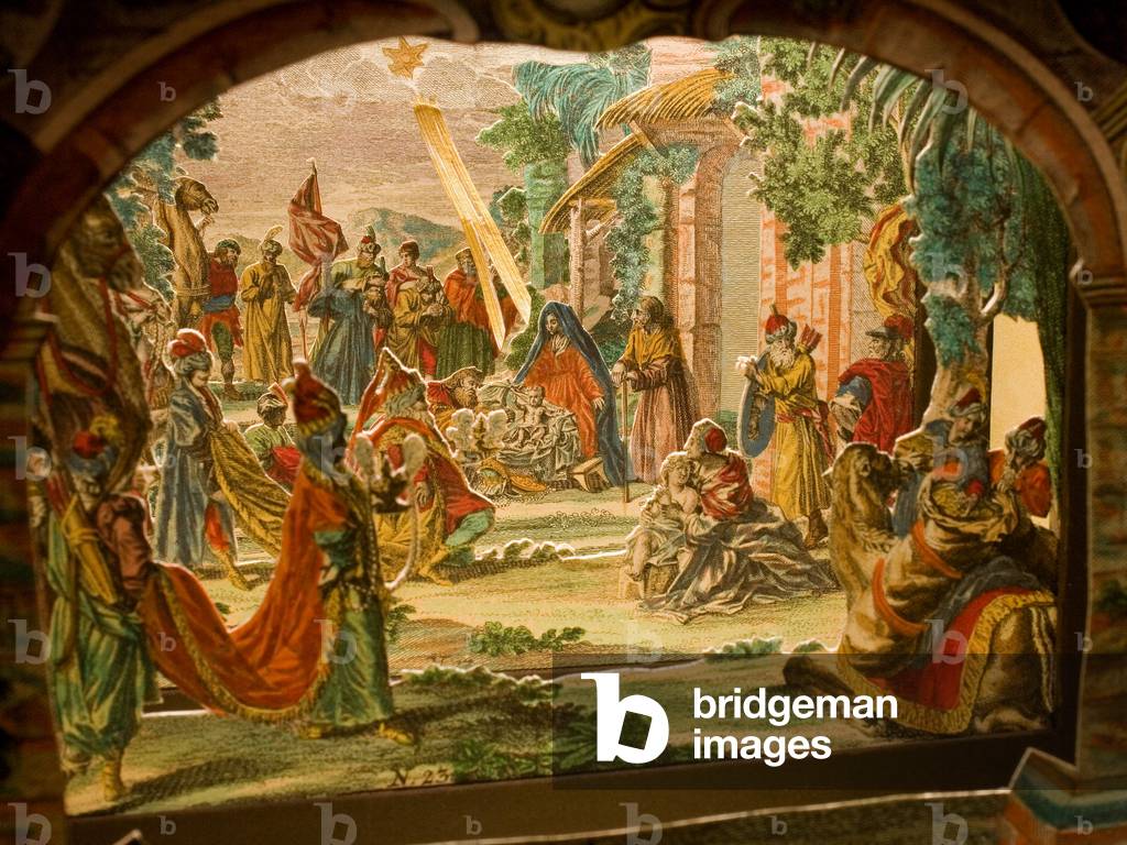 Diorama theatral composes lithographs producing optical illusions starring Martin Engelbrecht's Adoration of the Magi. Early 18th century