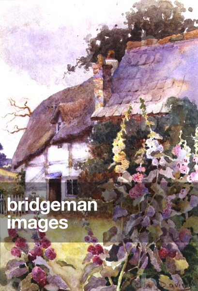 Hollyhocks Outside a Thatched Cottage (w/c)