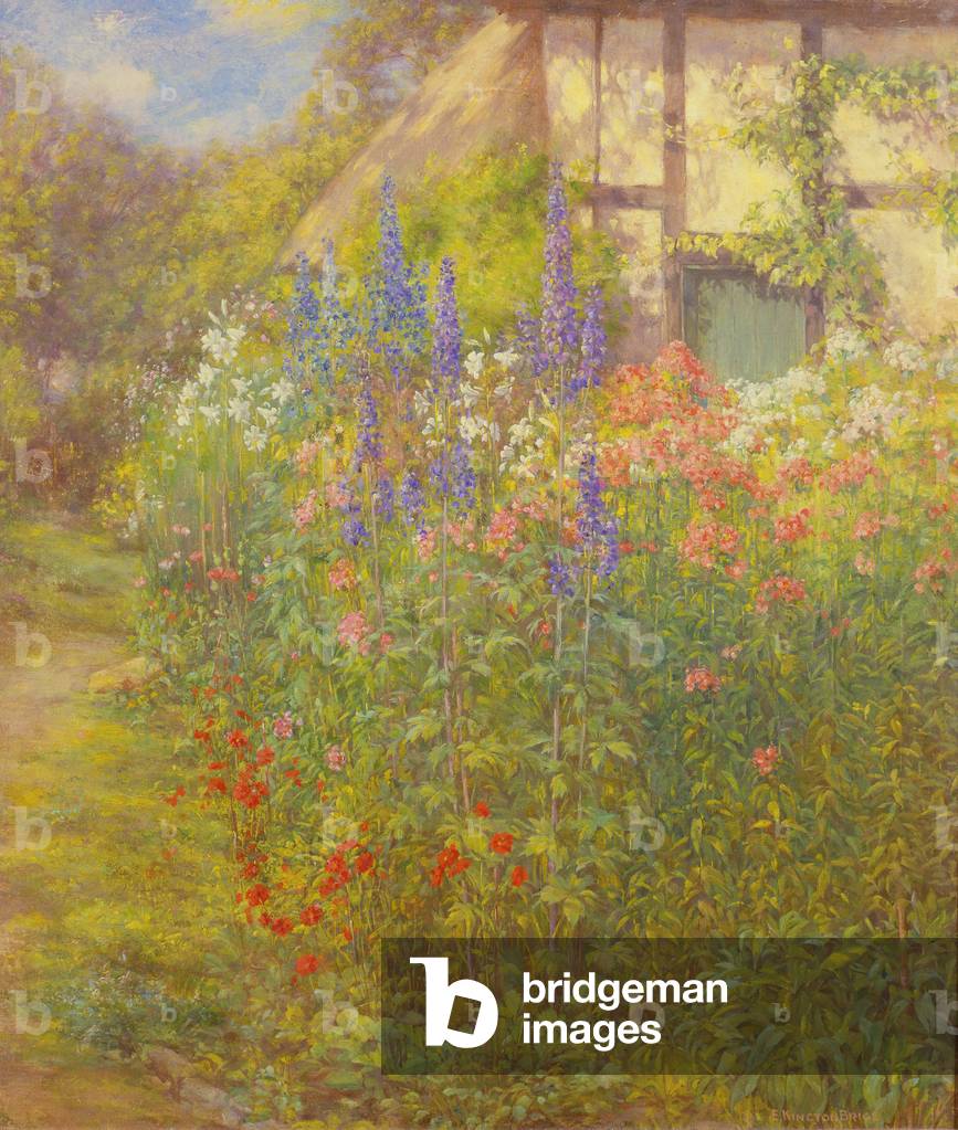 Lilies, Delphiniums and Poppies in the Garden of the Artist's Cottage at Ashton-under-Hill near Evesham, Worcestershire