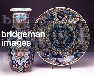 Vase and charger, decorated in blue colours in the Isnik style, with decorator's monogram LK, Burmantofts Faience, c.1880