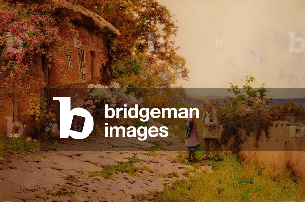 Two Children with a Rabbit Outside a Cottage by the Sea