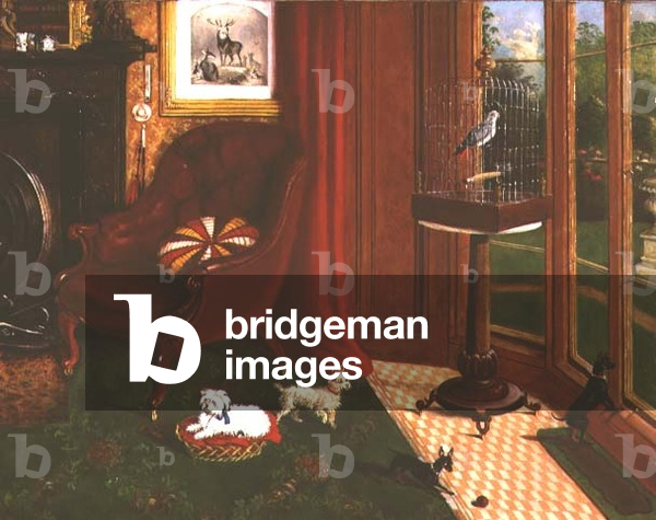 Immagine di Dipinto "Interno con terrier e pappagallo in gabbia", 1868 di E.M. Fox