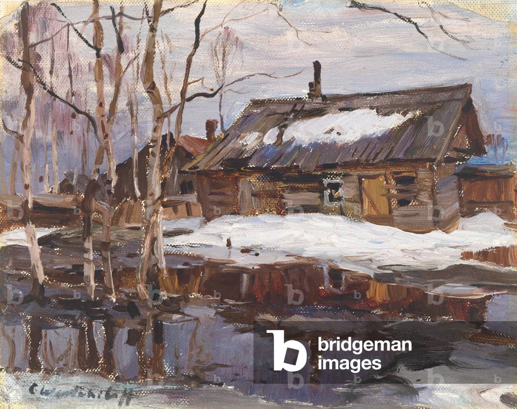 A Russian Peasant Log Hut in Winter, 20th century (oil on canvas)