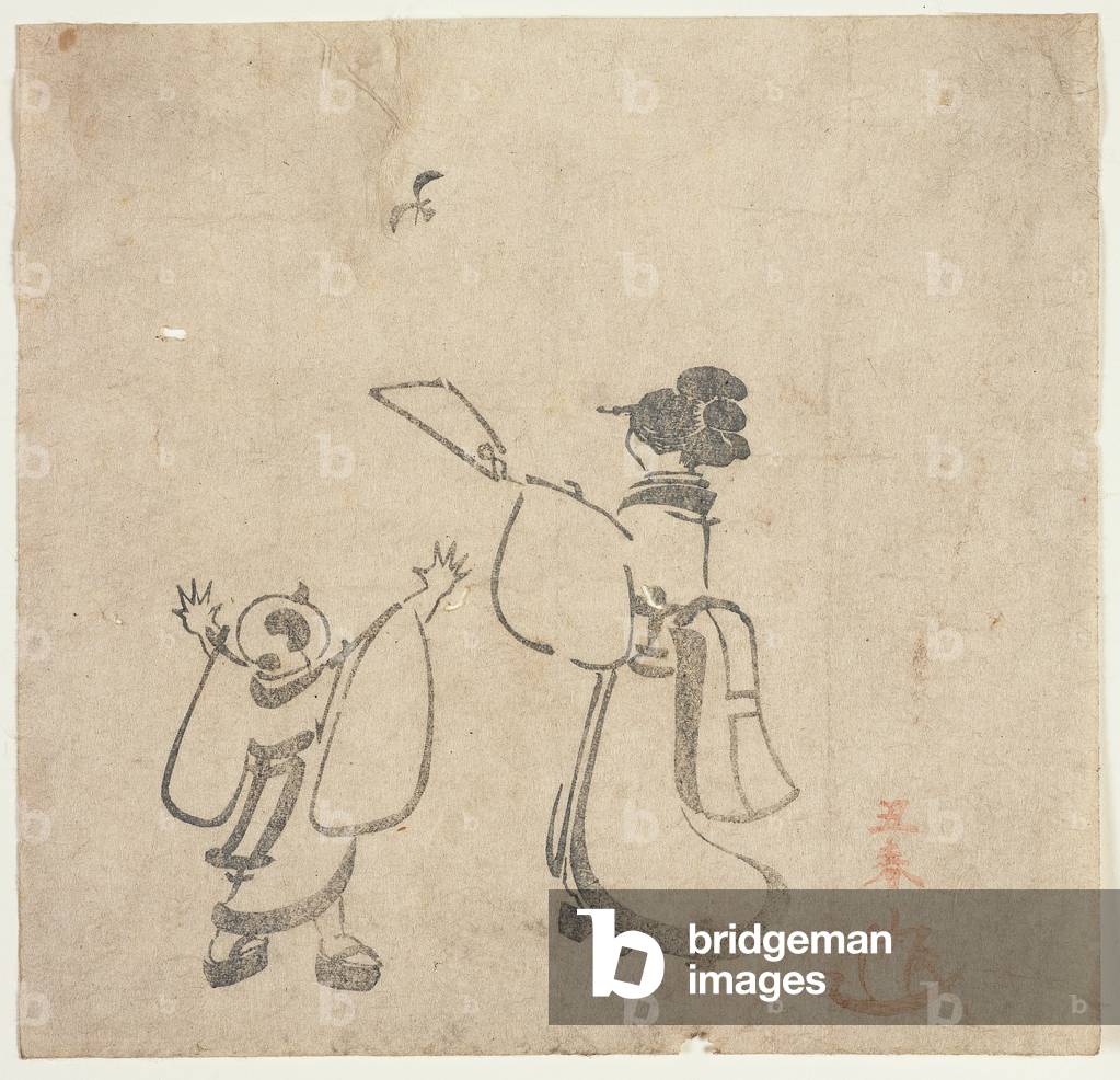 Moji-e of Woman and Child Playing Battledore and Shuttlecock (woodblock print)