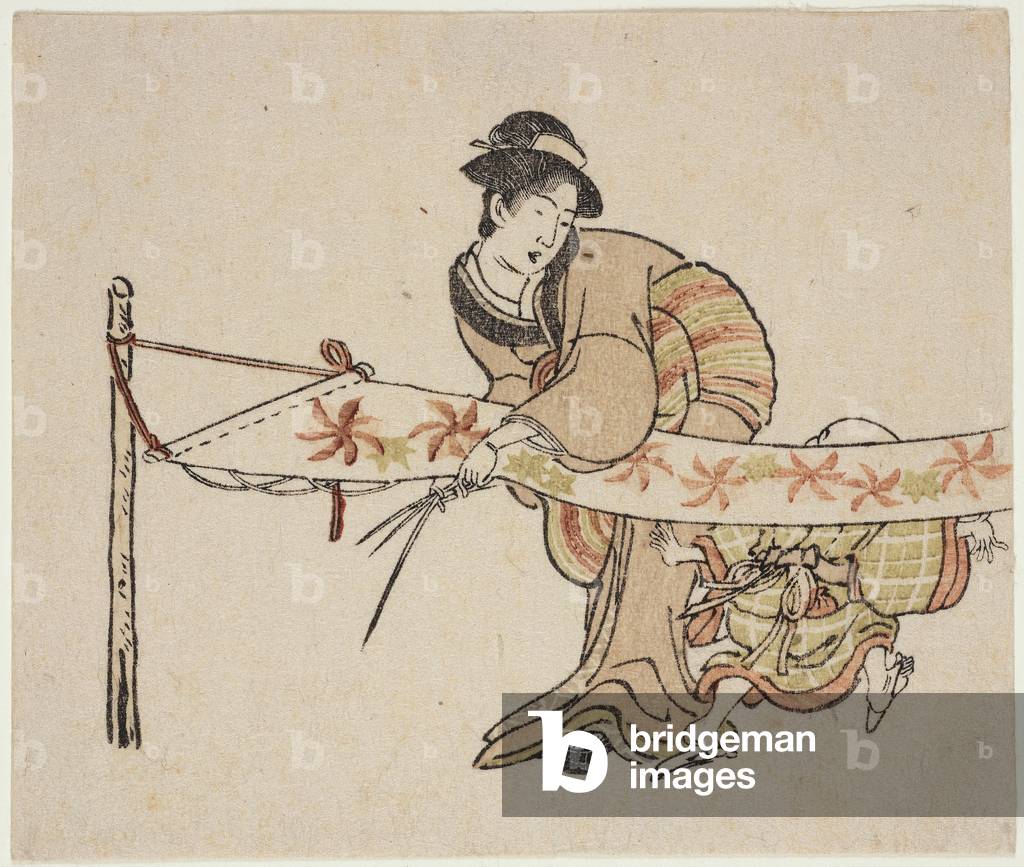 Woman With Textile Scroll and Child (woodblock print)