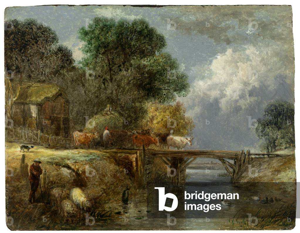 Landscape with Cattle (oil on paper, mounted on board)