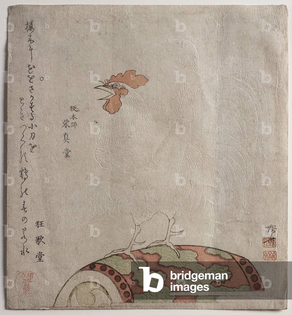 Cock on a temple drum (woodblock print)
