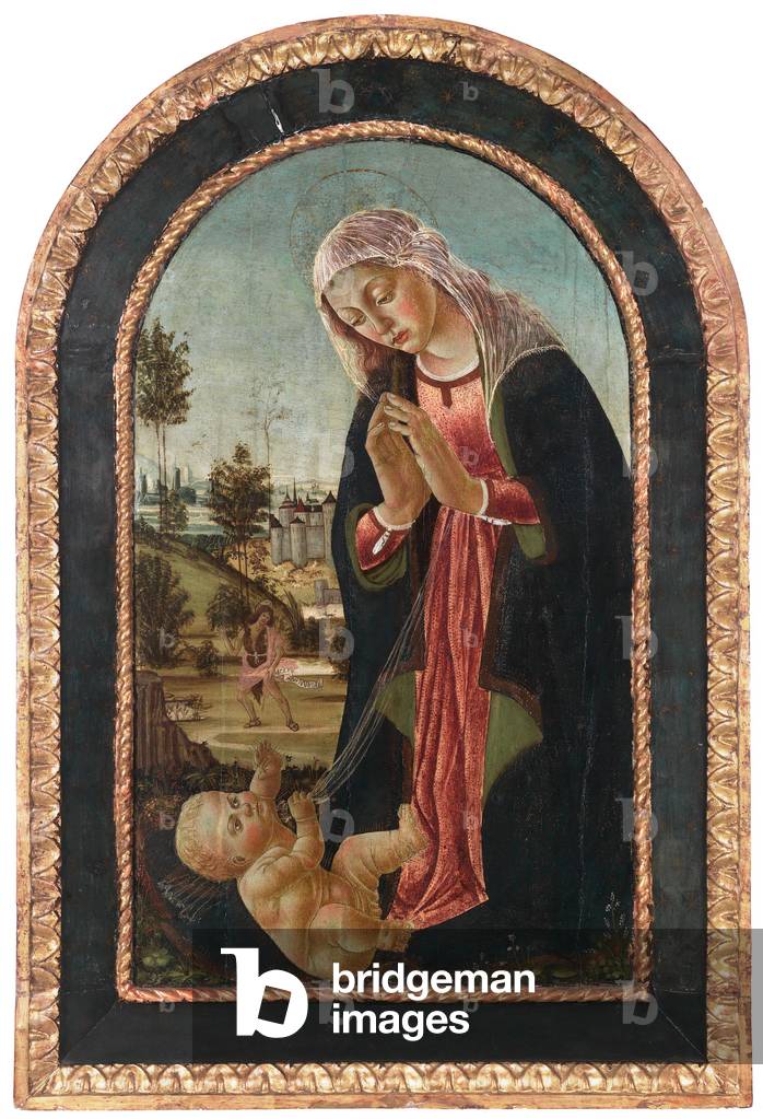 Virgin Adoring the Child, with St. John the Baptist and Two Franciscan Monks Fleeing Wolves Devouring Sheep in the Distance, after 1500 (tempera on panel)