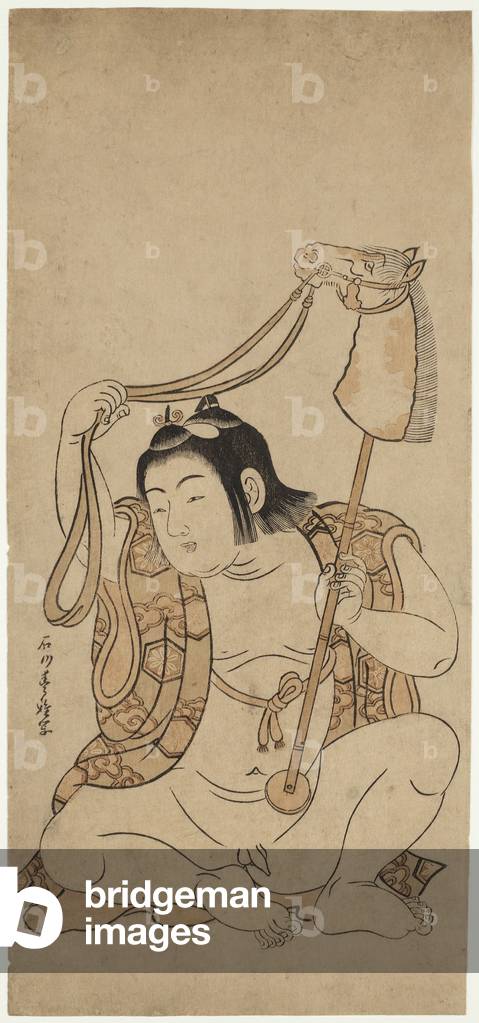 Young boy with hobby horse (woodblock print)