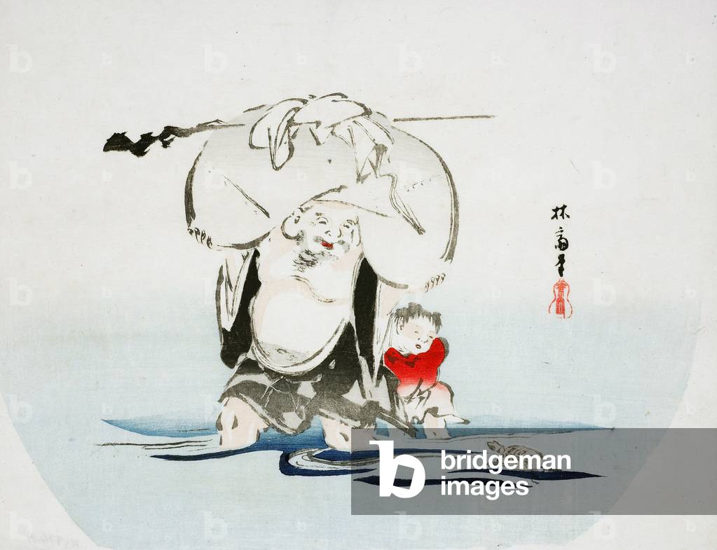 Lucky god Hotei with boy crossing stream, late 1800's (woodblock print)