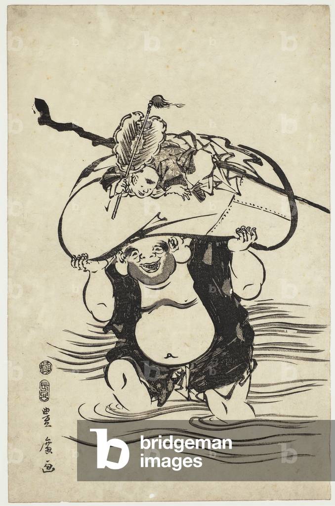 Hotei Crossing with Treasure Bag and Karako (woodblock print)