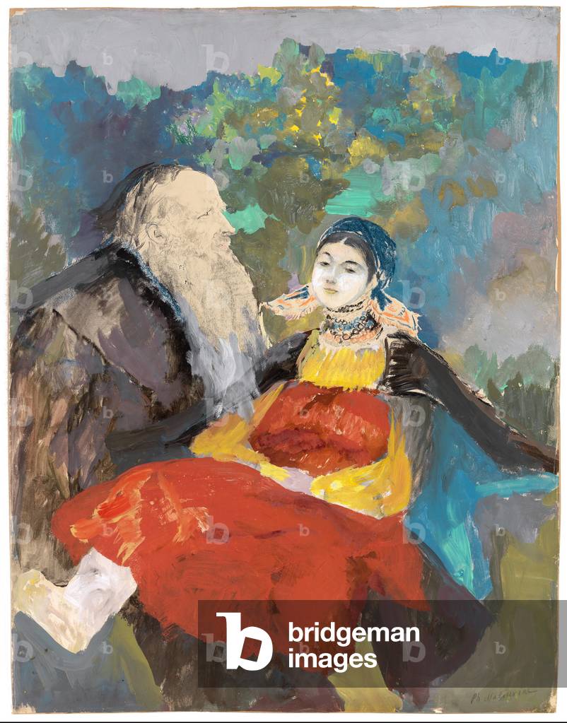 Deceased Peasant Girl Being Carried in the Arms of Her Grandfather, 20th century (gouache, charcoal & pencil on paper laid on board)