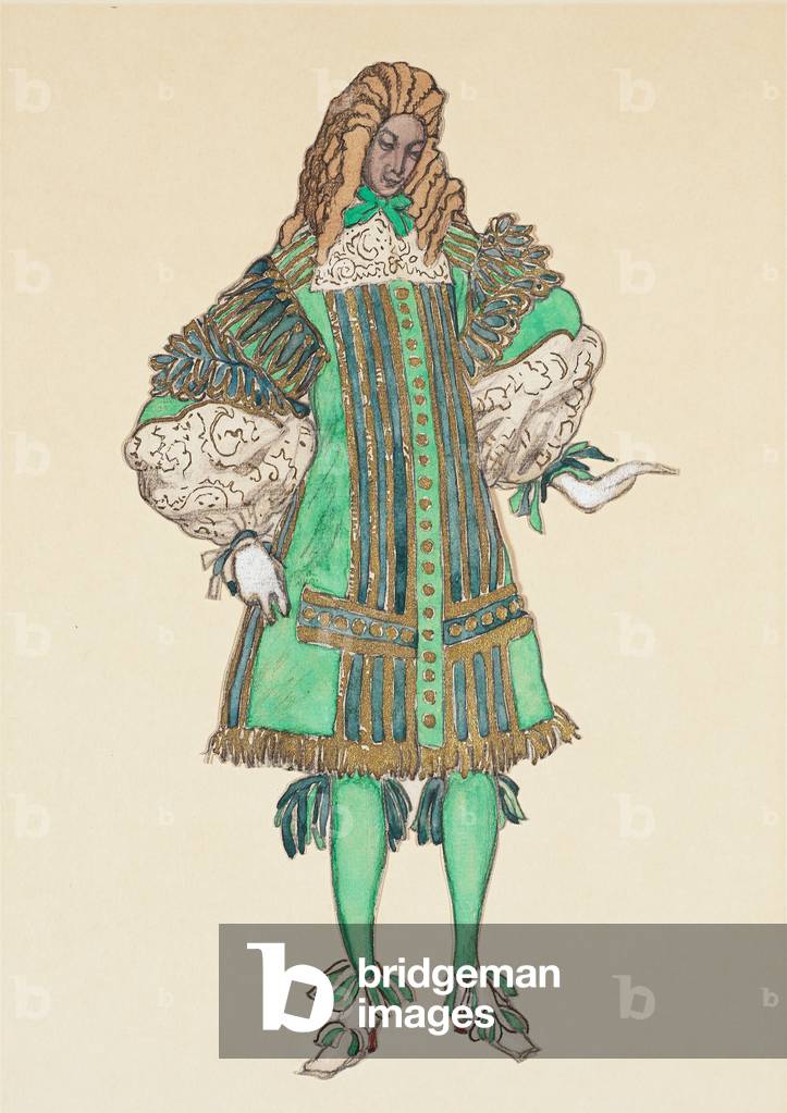 Costume Design, 20th century (watercolour over pencil with white & gold highlights on a laid paper cut out)