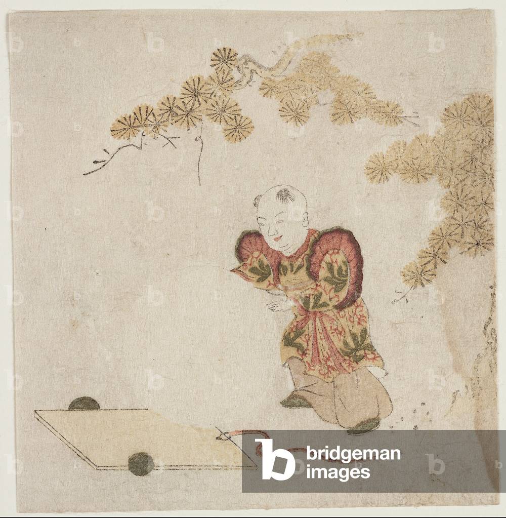 Boy with Huge Snowball (woodblock print)