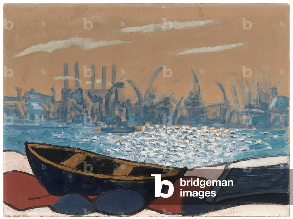 Boats and City, c.1940-1960 (oil on compressed fibreboard, possibly paper on fibreboard)
