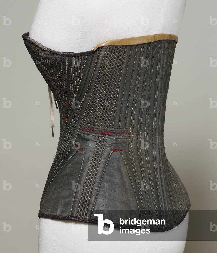 Corset (view D), 1840-50 (cotton, metal, leather & satin)